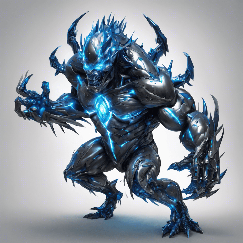 A hulking creature made of shifting metallic shapes, with piercing blue electric eyes and limbs that morph into various deadly weapons.