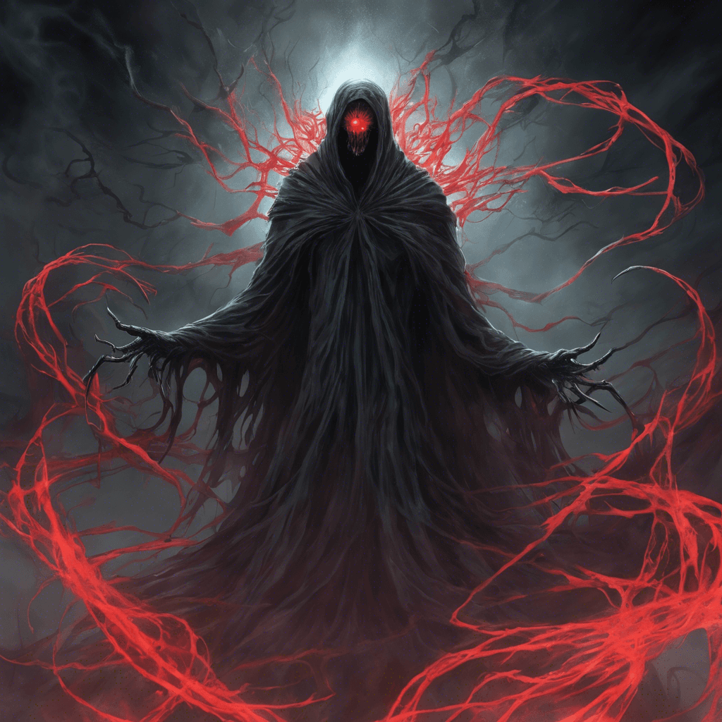 The Void Wraith is a sinister being that appears as a shadowy figure with glowing red eyes and tendrils of dark energy writhing around it. It emanates an aura of cold emptiness, sucking in light and sound around it.