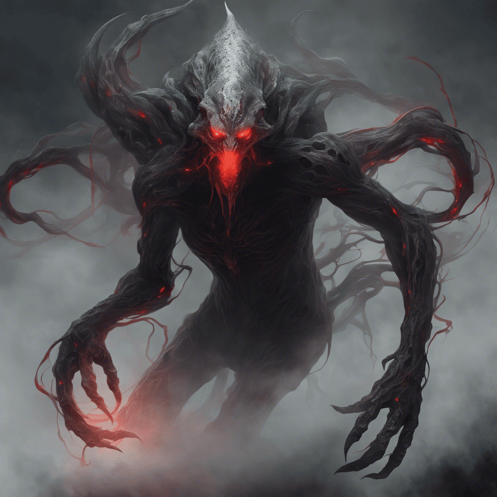 A wraithlike creature with smoky tendrils for limbs and piercing red eyes that glow from within a swirling dark mist forming its body.