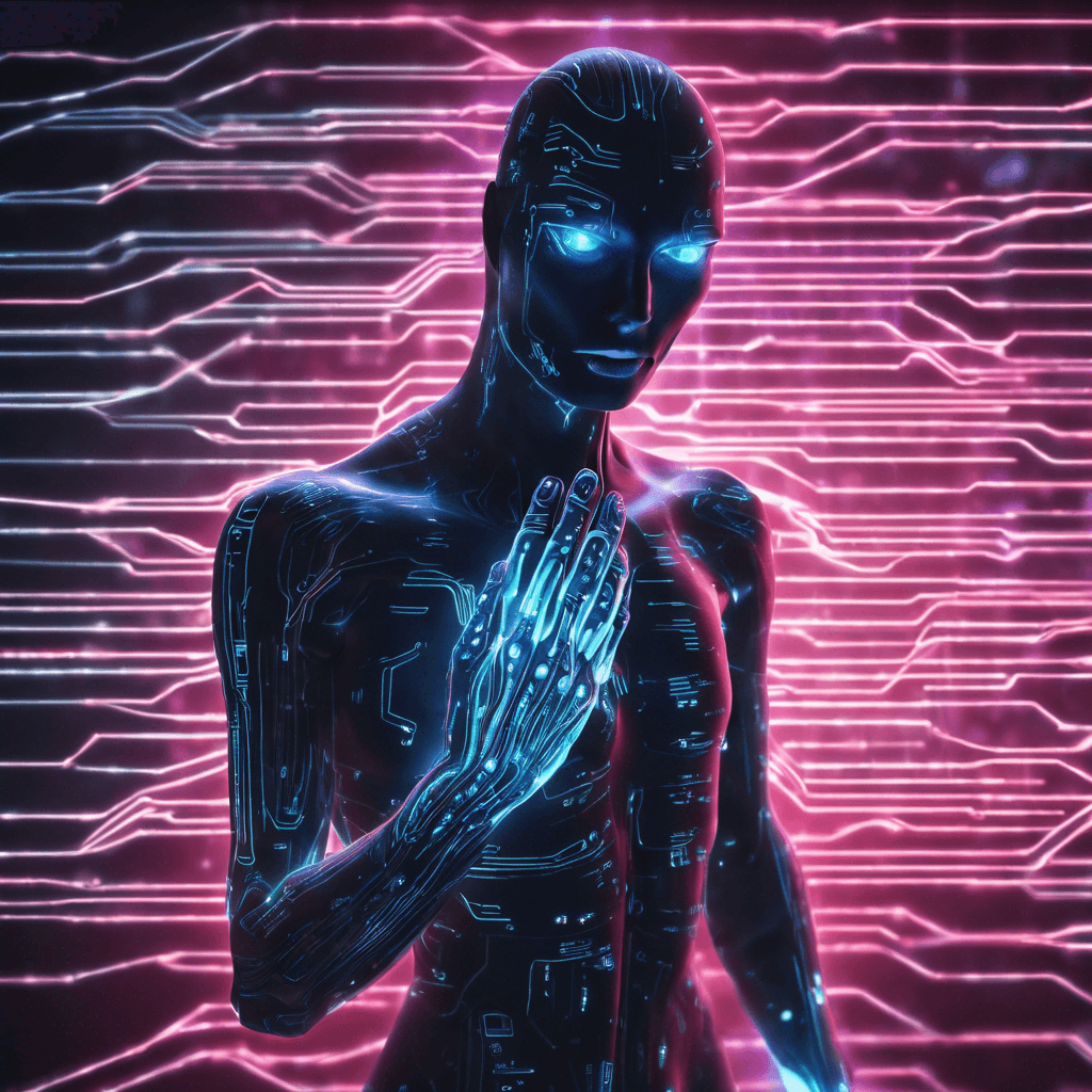 A figure cloaked in shadows, with glowing neon cybernetic implants running along their body. Their eyes flicker with lines of code, and their fingers dance across a holographic keyboard, manipulating the digital world around them.