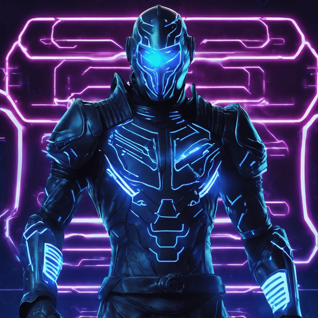 Zephyr Hackstrom is a towering figure clad in synth-leather armor, with a face obscured by a visored helmet. Neon circuit patterns run across his body, pulsating with electric blue light. His cybernetic arms are covered in an array of digital interfaces and ports, hinting at his exceptional hacking capabilities.