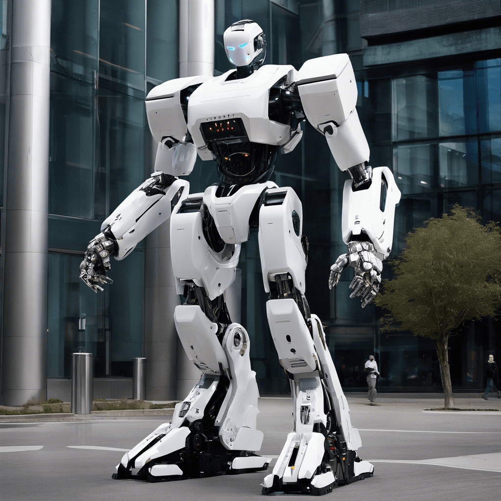 An imposing robotic sentinel designed for protection of the World Leader. It stands eight feet tall, with a sleek chrome exoskeleton adorned with pulsating lights and energy weapons integrated into its arms.