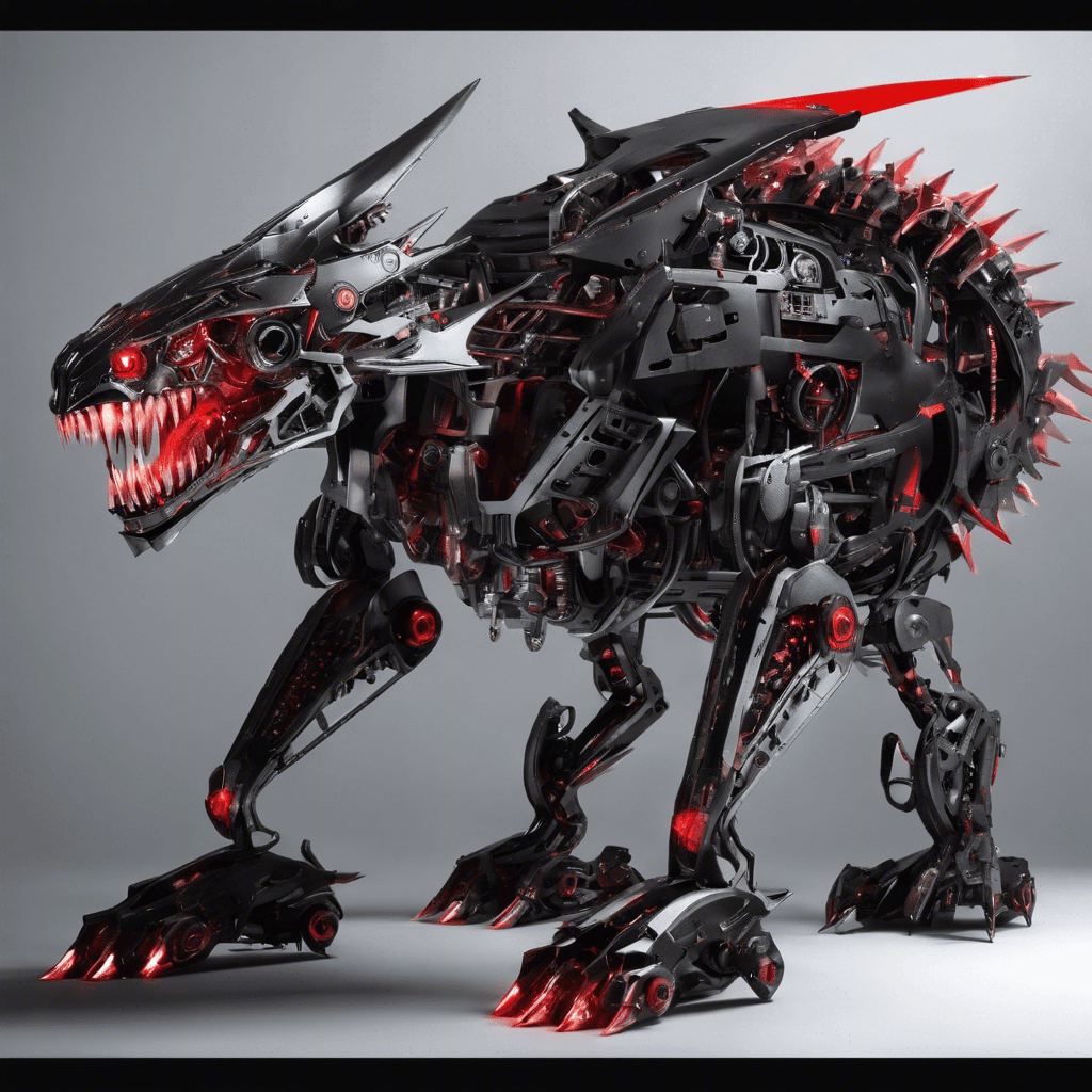 A sleek and intimidating mechanical beast, its lustrous black metal chassis is adorned with blinking lights and whirring servos. Sharp metallic teeth gleam within its open maw, and its red optical sensors scan relentlessly for its next target.