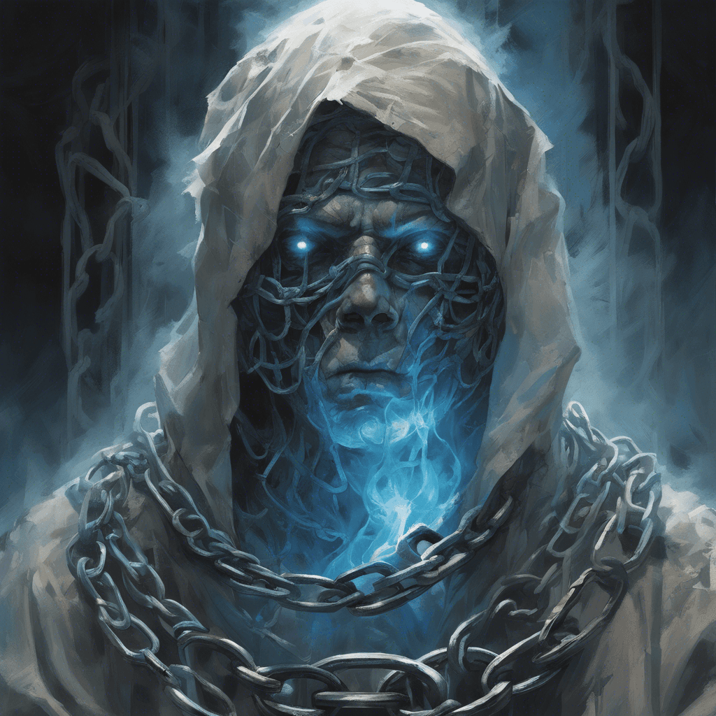 A translucent figure draped in tattered prison guard garb, with heavy chains wrapped around its wrists that clank as it moves. Its pale, hollow eyes sear with a ghostly blue flame.