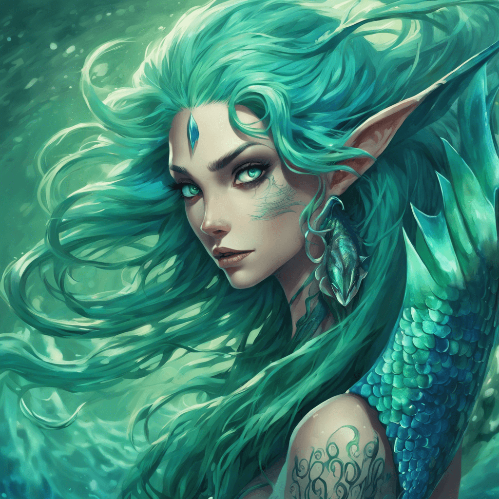 A hauntingly beautiful siren with shimmering blue-green scales, flowing aqua hair, and piercing sea-green eyes. Her fins are deadly sharp, resembling the blades of a cutlass.