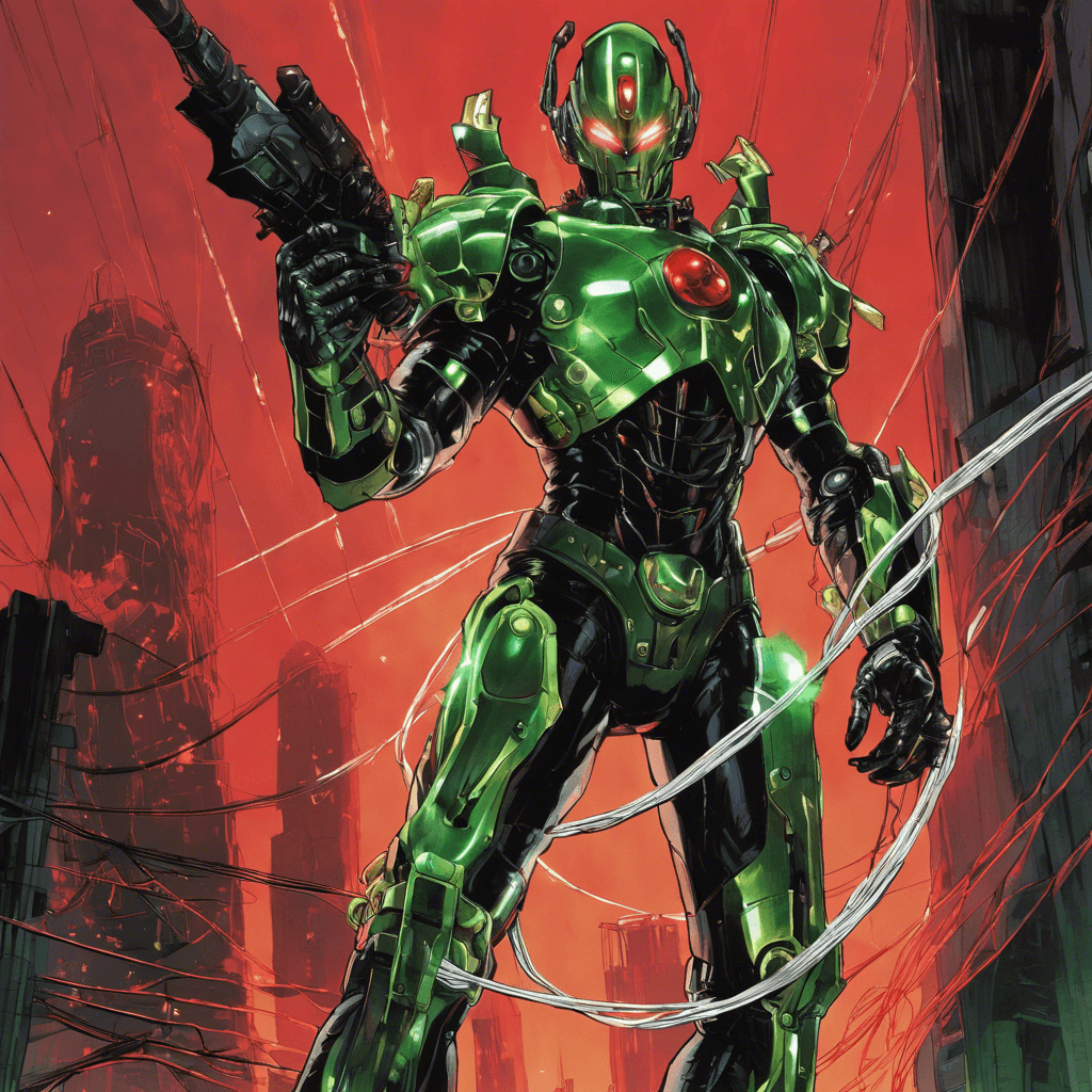 A towering figure clad in metallic armor, Razorwire's eyes glint with red light from within his deeply shadowed visor. Cables and tubes run along his limbs, pulsing with a luminous, poisonous green. His right arm has been replaced with a cybernetic limb that ends in an array of lethally sharp blades.