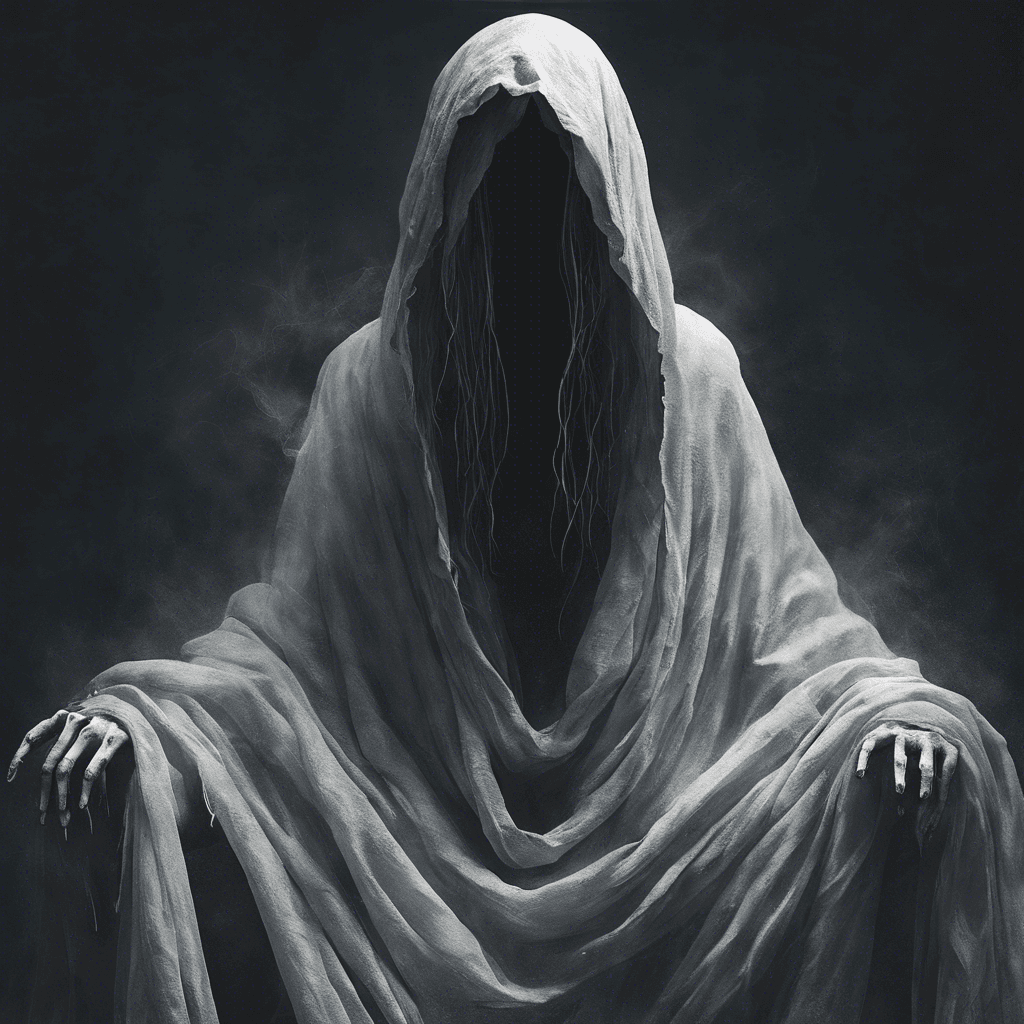 A ghostly figure draped in tattered robes, its face obscured by the darkness of its hood. Ephemeral and shifting, it moves with an otherworldly grace. A cold dread emanates from its very presence, chilling the air around it.