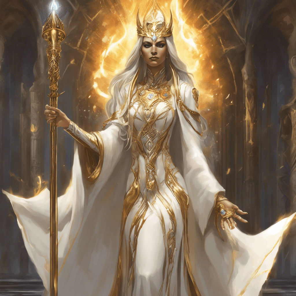 High Priestess Audra stands with an air of righteous authority. Clad in a flowing robe of white and gold, she carries a staff adorned with crystals that pulse with pure light. Her eyes hold a determined flame, undeterred by the opulence of the sorceress's throne room. She is here to end the tyranny of Mistress Barbe and dispel the pink smoke enchantment.