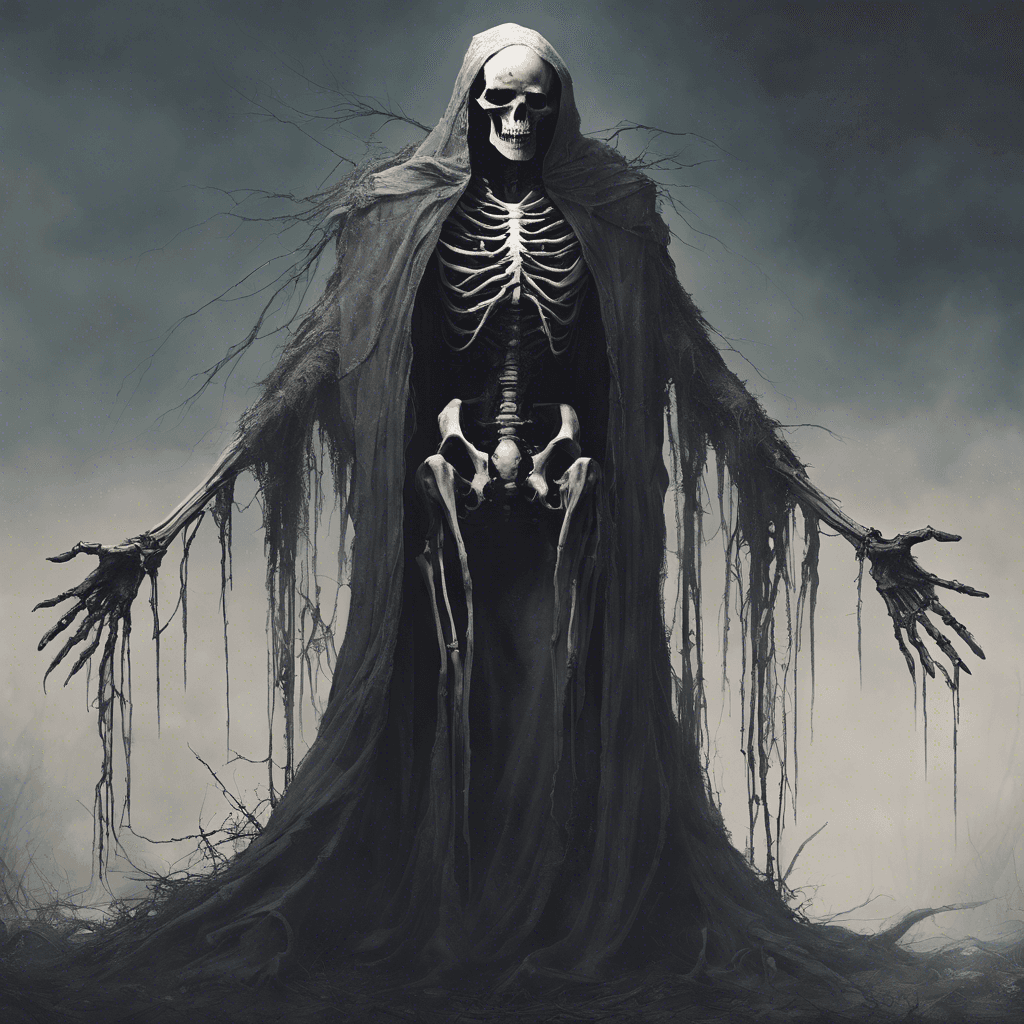 A towering figure draped in tattered cloaks, with elongated skeletal fingers that weave the very essence of the surroundings into spectral threads. Its hollow eyes gleam with a light that seems to absorb hope, and its presence chills the air around it.