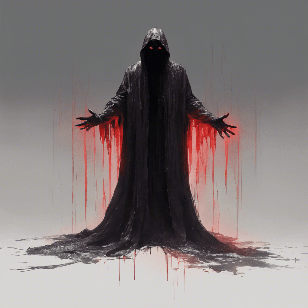 A shadowy figure standing at seven feet tall, draped in tattered robes of iridescent black, which seem to absorb the light around it. Its eyes glow with a fierce red light, and its hands crackle with temporal energy.