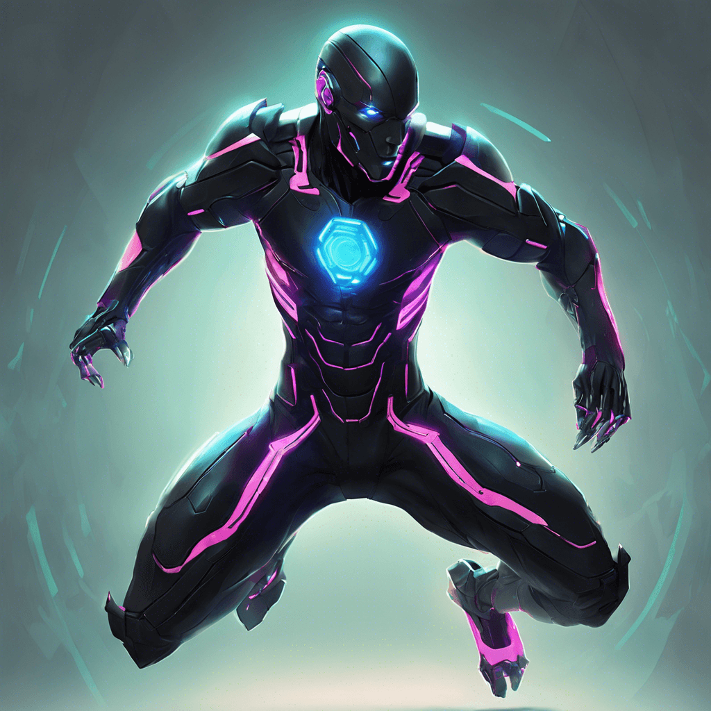 A sleek figure in a dark, form-fitting suit, augmented with neon accents that flicker in the dim lighting. Their cybernetic implants pulse with a menacing glow, enhancing their speed and agility in combat.