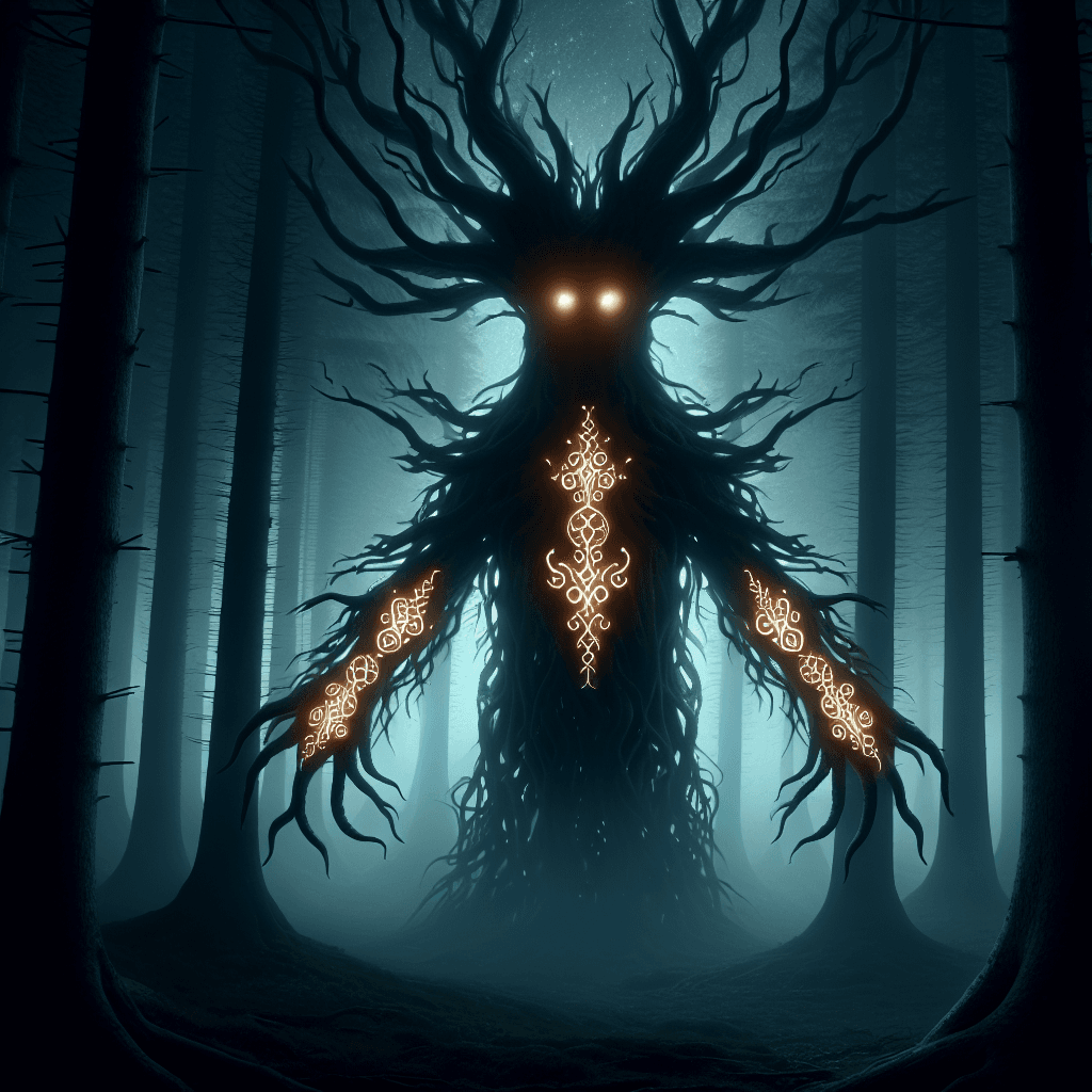 An ethereal figure emerges from the shadows of the Whispering Pines, its body composed of intertwining branches and glowing runes. Its eyes, two radiant orbs, pierce the veil of night.