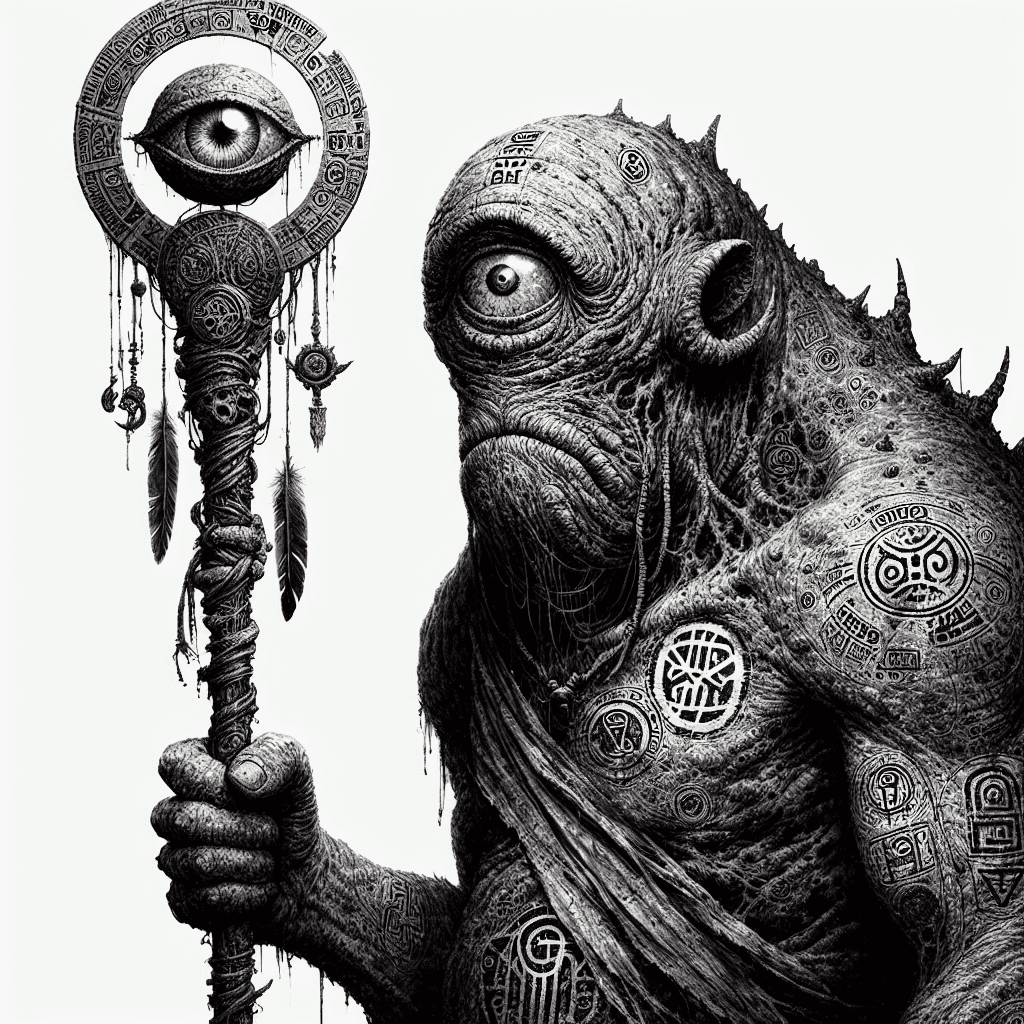 A towering cyclops with a single, luminous eye that emits a strange glow. Its skin is tough and leathery, covered in ancient tattoos and glyphs that seem to shift and change. It carries a staff carved with eldritch symbols and adorned with feathers and bones.