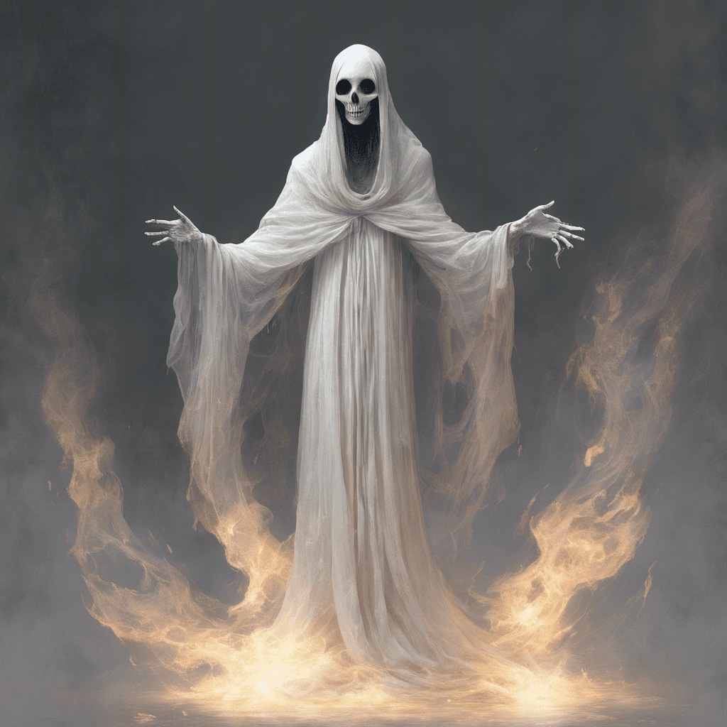 A ghostly figure, pale and ephemeral, with tattered robes floating around its formless body. Its eyes are hollow yet burn with a spectral light.