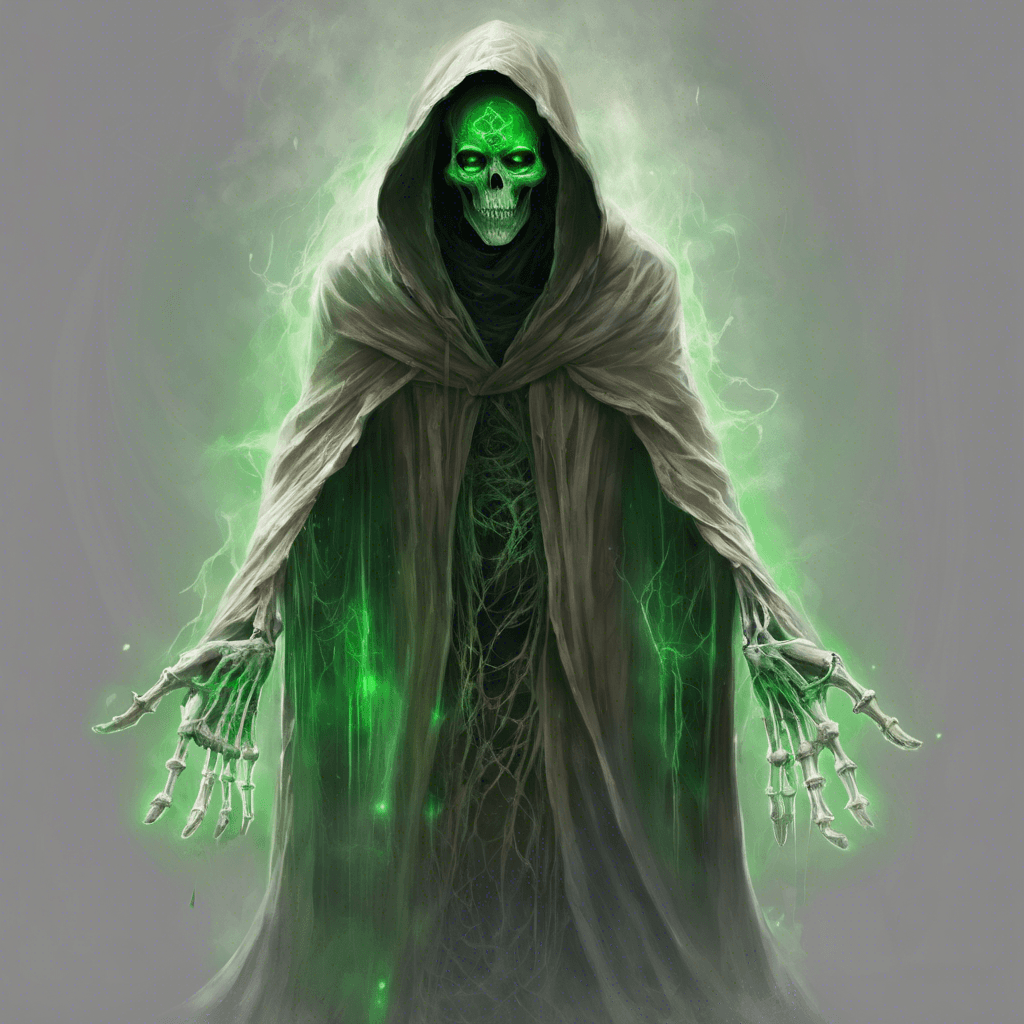 A spectral figure shrouded in tattered robes that seem to absorb light, with glowing green eyes peering from the depths of its hood. Its hands are skeletal, crackling with ethereal energy.