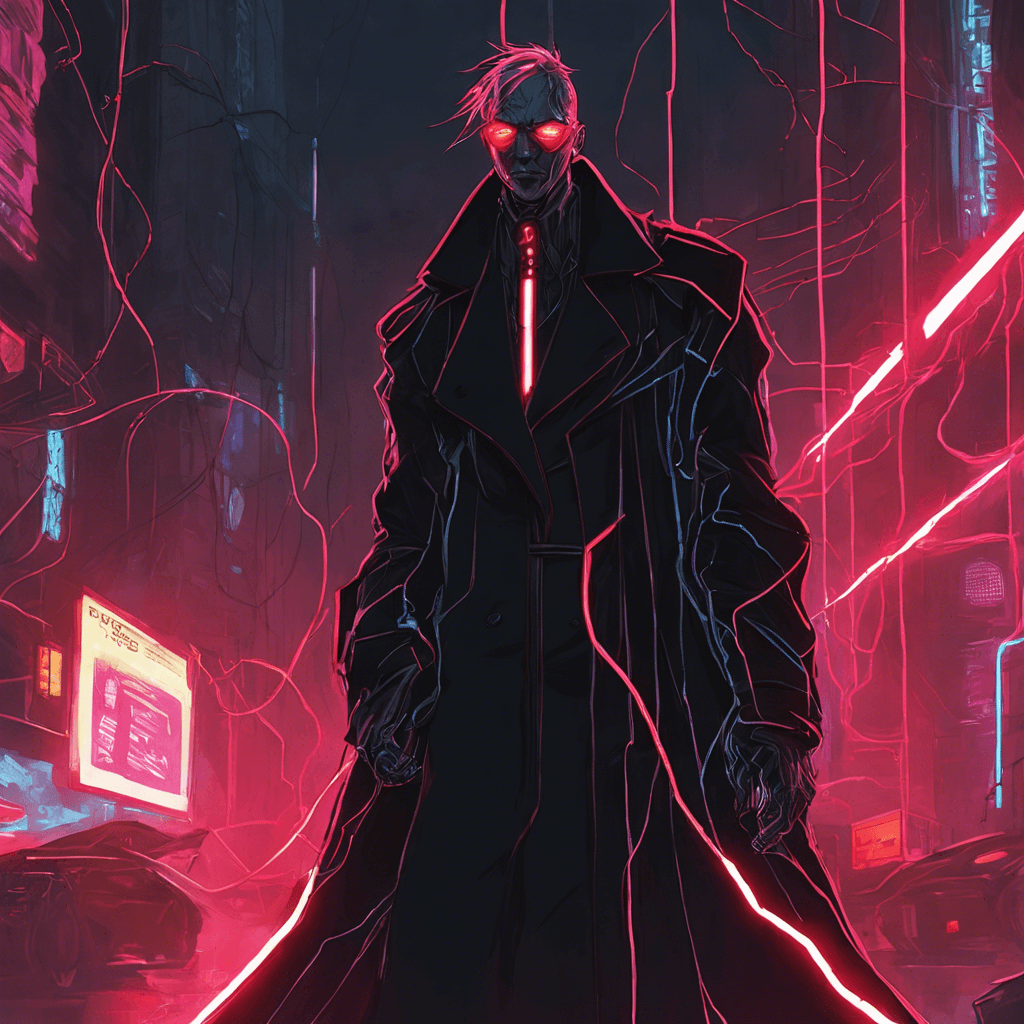 A towering figure, draped in a ragged black trench coat, glowing neon lines run the length of its limbs, betraying the extensive cybernetic enhancements within. Its eyes are a gleaming red, scanning the environment with predatory keenness, and cybernetic tendrils whir quietly from its back, poised to strike.