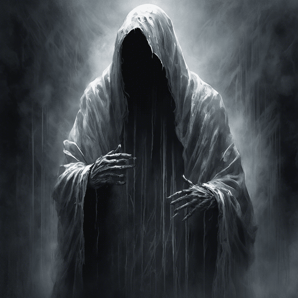 A ghastly figure shrouded in tattered robes, its face hidden beneath a hood of darkness. The air grows chilled in its presence, and the faint sound of mournful whispers can be heard trailing in its wake.