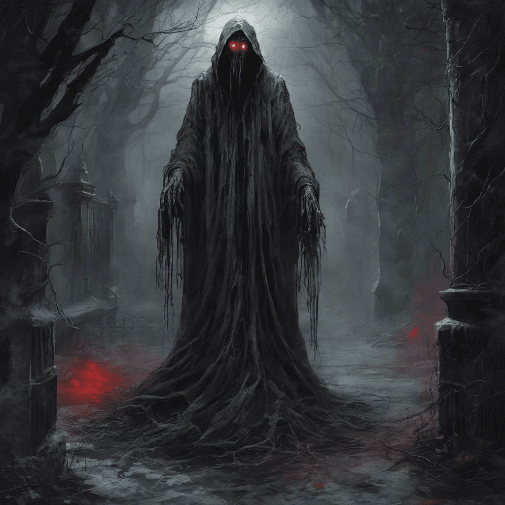 The Wraith of Darkmoor Manor is a malevolent spirit bound to the decaying estate. It appears as a shadowy figure with glowing red eyes, emanating an icy chill that freezes the air around it. Tattered remnants of its once opulent attire hang loosely from its spectral form, and its unearthly wail echoes through the halls of the manor.