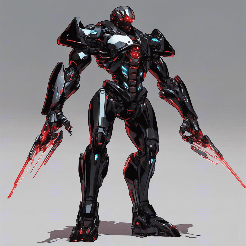 A towering figure clad in sleek, black armored exoskeleton, flickering with holographic displays. Its arms are integrated with deadly monomolecular blades, shimmering with a razor-sharp edge. The enforcer's cold, mechanical eyes gleam with red scanning lasers as it approaches with calculated, heavy steps.