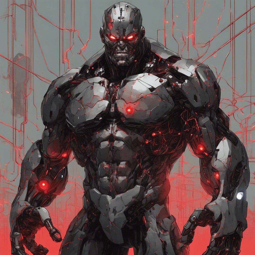 A hulking figure with a torso and arms reinforced by cybernetic enhancements, dark metal with ominous red lights pulsing at the joints, and a face obscured by a visor streaming with data.