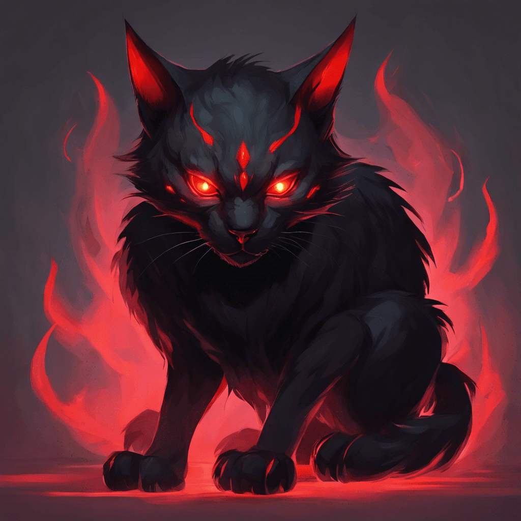 A sinister feline creature with sleek black fur that seems to absorb light. Its eyes gleam with malevolent red light and claws extend like knives, shimmering with a ghostly aura.