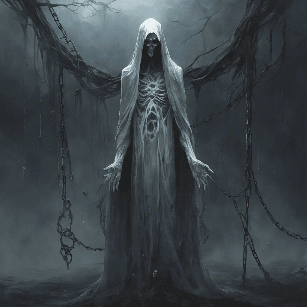 A chilling specter draped in tattered robes, its gaunt, translucent form hovers above the ground, ethereal chains clanking softly with its mournful movements; its hollow eyes burn with an otherworldly light.