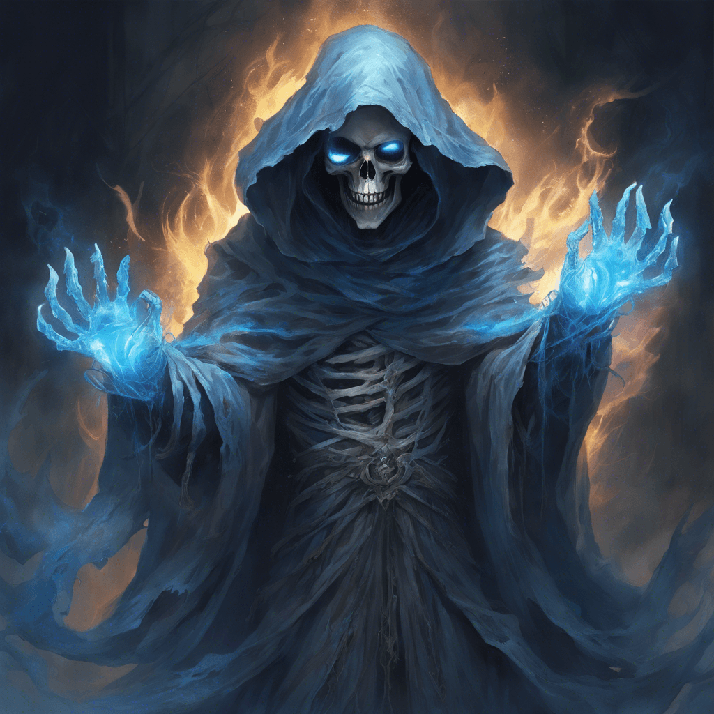 A spectral figure, shrouded in tattered robes that flutter in an unseen wind. Its face is a void of darkness beneath its hood, with two piercingly bright blue flames where its eyes should be. Skeletal hands extend from the sleeves, crackling with ethereal energy.