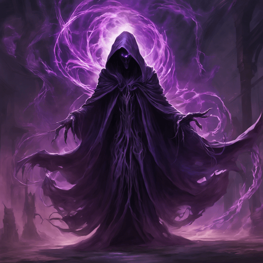 The Voidwalker is a shadowy figure, appearing as a cloaked being with dark tendrils emanating from its body. Its eyes glow with a menacing purple light, and it moves with unnatural speed and agility.