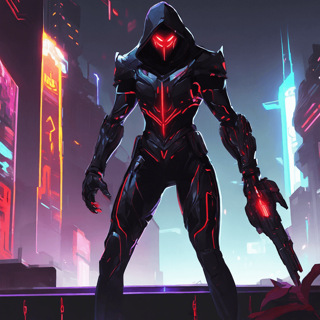 The Neon Shadow is a cybernetically enhanced assassin, cloaked in darkness and neon lights. Its body is covered in sleek, black armor with glowing red accents, and its eyes shine with a predatory gleam. Its movements are silent and swift, leaving a trail of shimmering light in its wake.