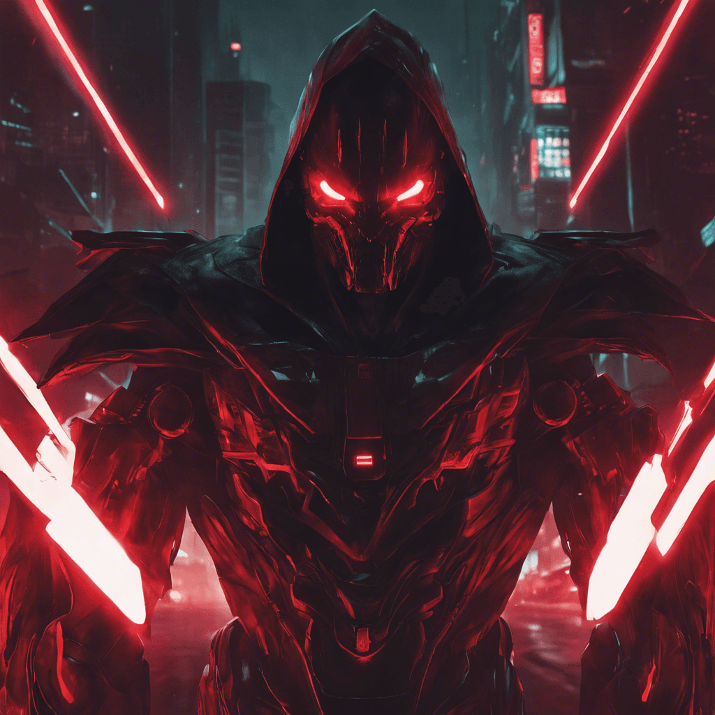 A menacing figure cloaked in advanced cybernetic armor, blending seamlessly with the shadows of NeoCity. Its eyes glow with a menacing red light, indicating its deadly intentions.