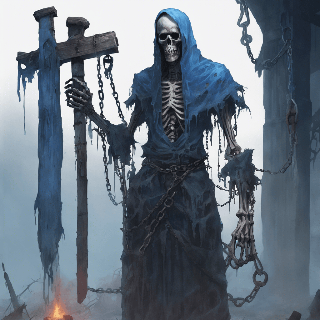 A towering, gaunt figure draped in tattered butcher's garb, with a cleaver fused to its translucent, skeletal hand. Its hollow eye sockets burn with an eerie blue light, and chains rattle as it floats above the ground.