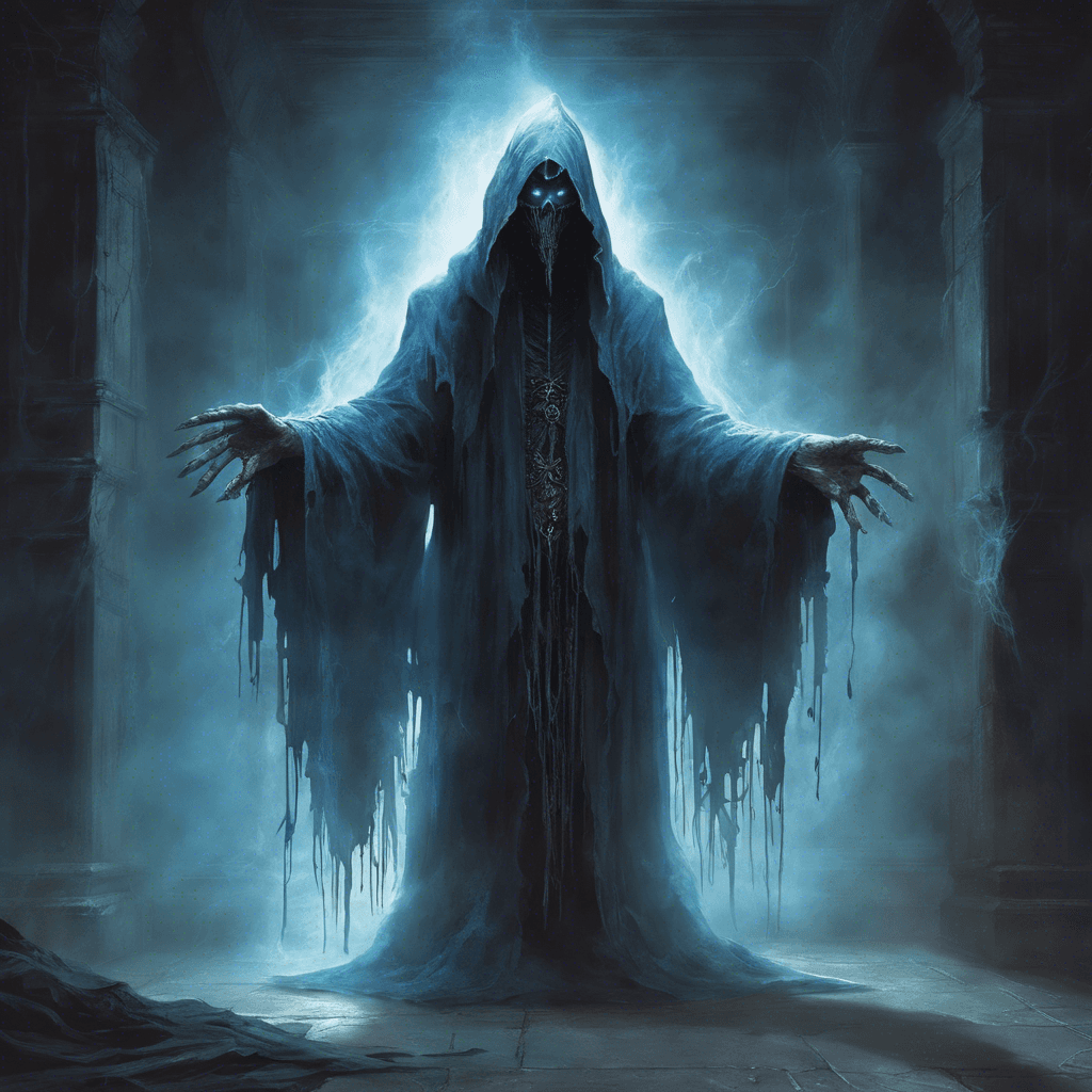 The wraith emerges from the shadowy corners of the room, cloaked in tattered robes that seem to dissolve into mist at its fringes. Its eyes blaze with an ethereal blue light, and its hands crackle with the energy of the long-dead sorcerers it once served.