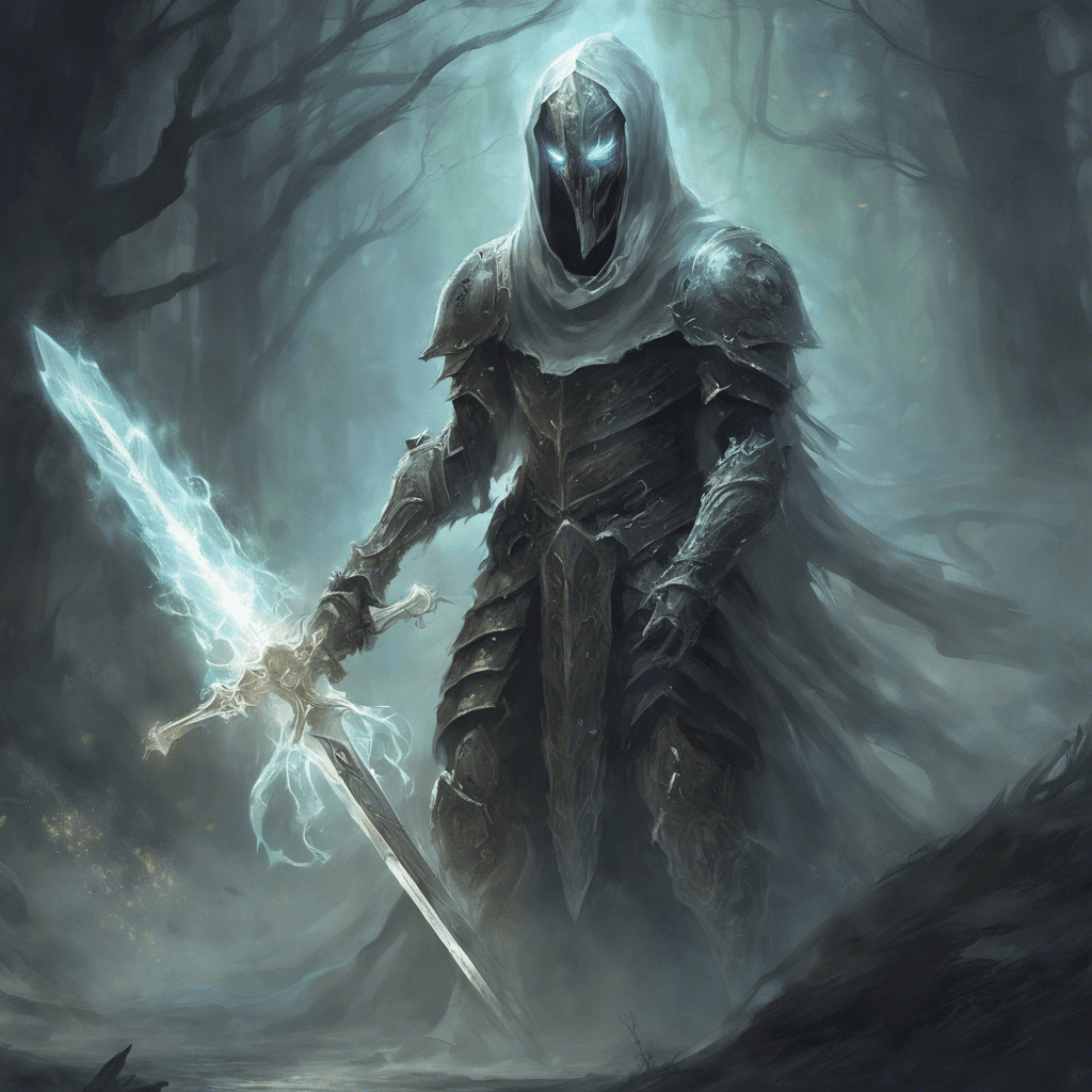 A ghostly figure armored in ethereal plate, with a face obscured by a spectral helm. Hollow eyes glimmer with baleful light, and a ghostly longsword is drawn at its side.