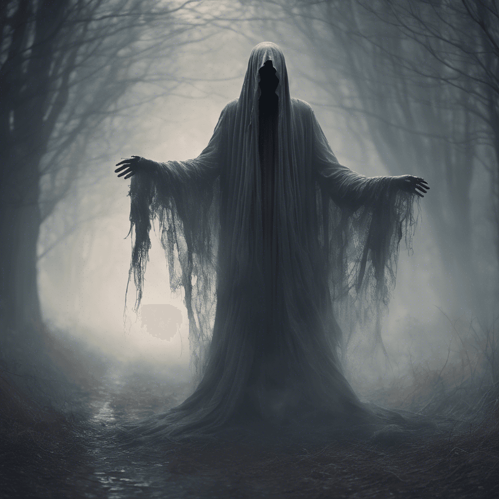 A ghostly figure draped in tattered, flowing robes, its face obscured by shadows. Wisps of cold mist follow its every movement, chilling the air around it. Its eyes gleam with a malevolent light, and a sense of dread washes over all who gaze upon it.