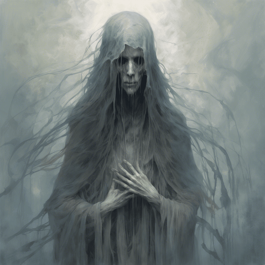 A figure shrouded in tattered robes that seem to absorb the light around it. Its face, forever locked in a silent wail, exudes an aura of despair. Pale, translucent skin stretched over ethereal bones, and long, shadowy hair that moves as if underwater.