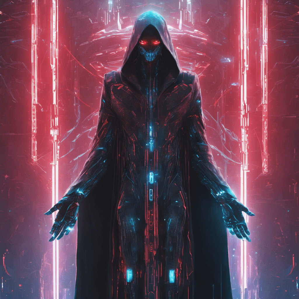 A towering figure shrouded in a holographic cloak, with eyes glowing red in the dark and cybernetic arms equipped with various digital hacking interfaces and concealed weaponry.