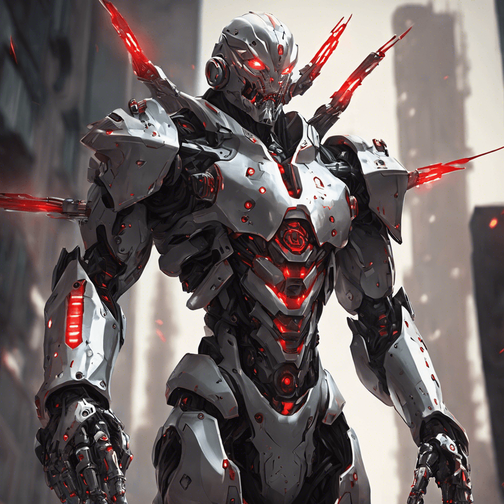 A towering cyborg with glowing red eyes, covered in sleek metal armor. Its mechanical limbs whir as it approaches, ready to unleash its cybernetic enhancements in battle.