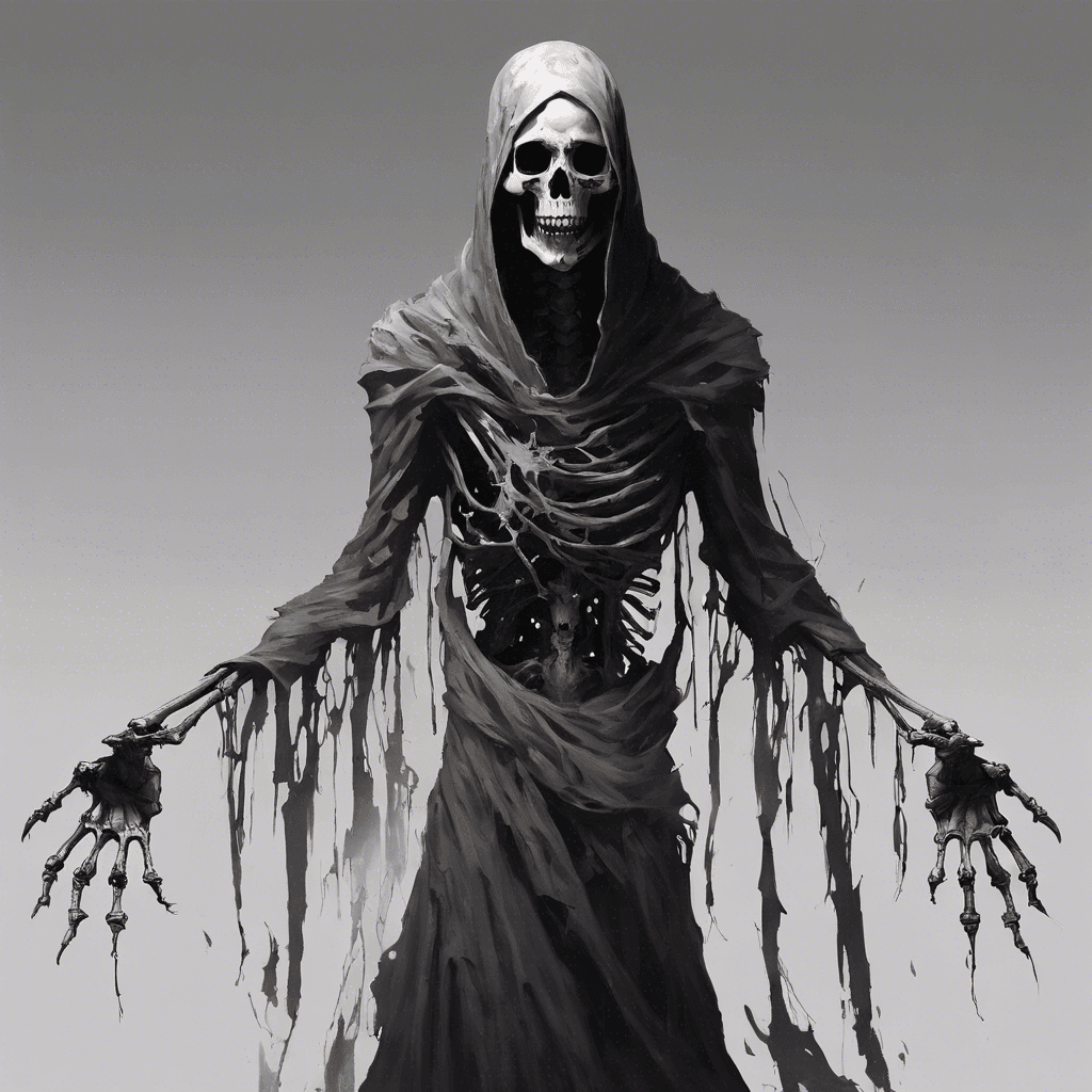 A chilling figure, shrouded in tattered robes that flutter in an unseen wind. Its face is a hollow void, save for two glowing, malevolent eyes. Skeletal hands reach forward, as if to drain the life from all it touches.