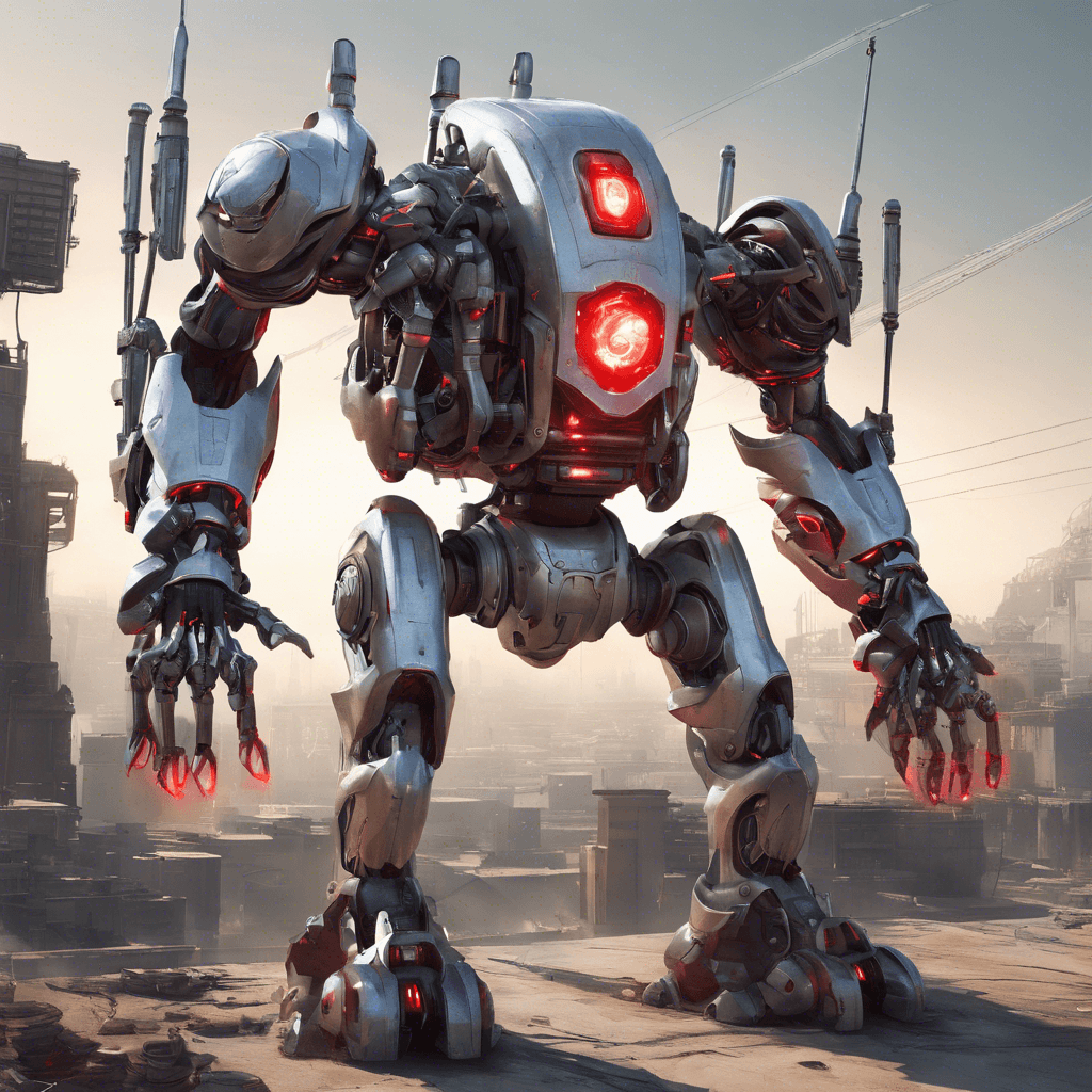 A large, silver-colored, bipedal robot with red glowing eyes and multiple arms, each equipped with various weapons such as energy blasters and plasma cutters.