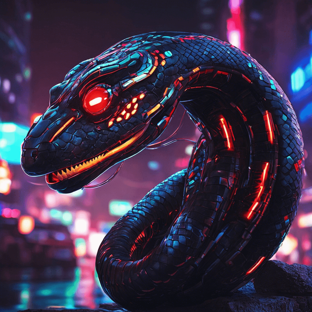 The Cyber Serpent is a sleek and deadly robotic snake, covered in shiny metallic scales that reflect the neon lights of the city. Its segmented body moves sinuously, with glowing red eyes that seem to track any movement in its vicinity. It coils and strikes with lightning speed, injecting a potent cybernetic venom into its victims.