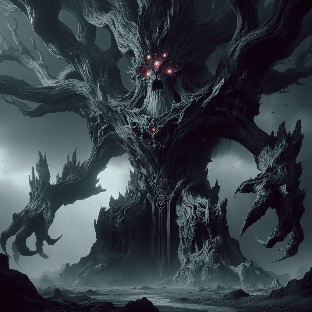 A towering, once-mighty treant, its bark blackened and twisted by dark magic, with glowing red eyes and gnarled branches reaching out like claws.