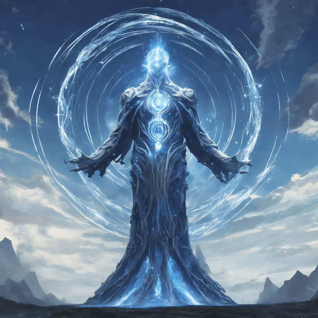 A towering figure constructed from the same magical energy as the vortex. It has a humanoid shape, its body entirely made of swirling blue arcane energy, with crackling white symbols floating around its form like orbiting stars.