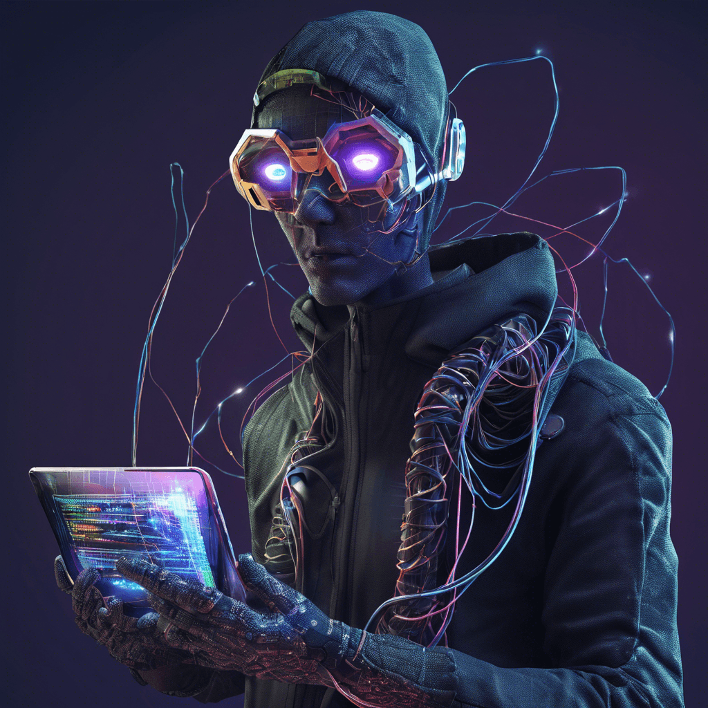 The Cortex Hacker is a shadowy figure clad in augmented reality gear, their glowing cybernetic eyes scanning the digital landscape for vulnerabilities. Wires and cables snake from their body, connecting them to the network as they plot cyber attacks and manipulate data with a flick of their fingertips.