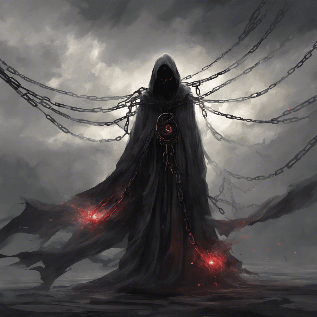 A shadowy figure, clothed in tattered robes that flow against the wind, its face a void of darkness with two piercing red eyes. Ethereal chains clank softly as it hovers ominously above the ground.