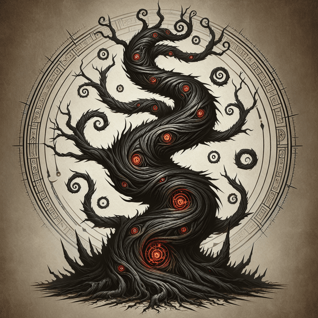 A gigantic, twisted treant with blackened, gnarled bark and glowing red eyes. Its branches are sharp and menacing, adorned with dark, magical runes that pulse with an ominous energy.