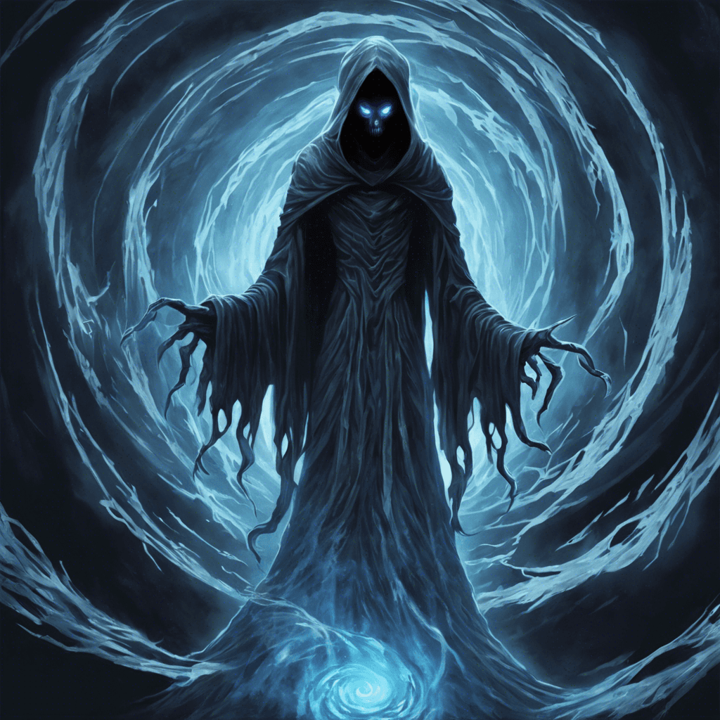 The Voidtide Specter is a shadowy entity, appearing as a swirling mass of darkness with glowing blue eyes that pierce through the void. It emits an aura of chilling cold and despair, causing fear and disorientation to those who gaze upon it.