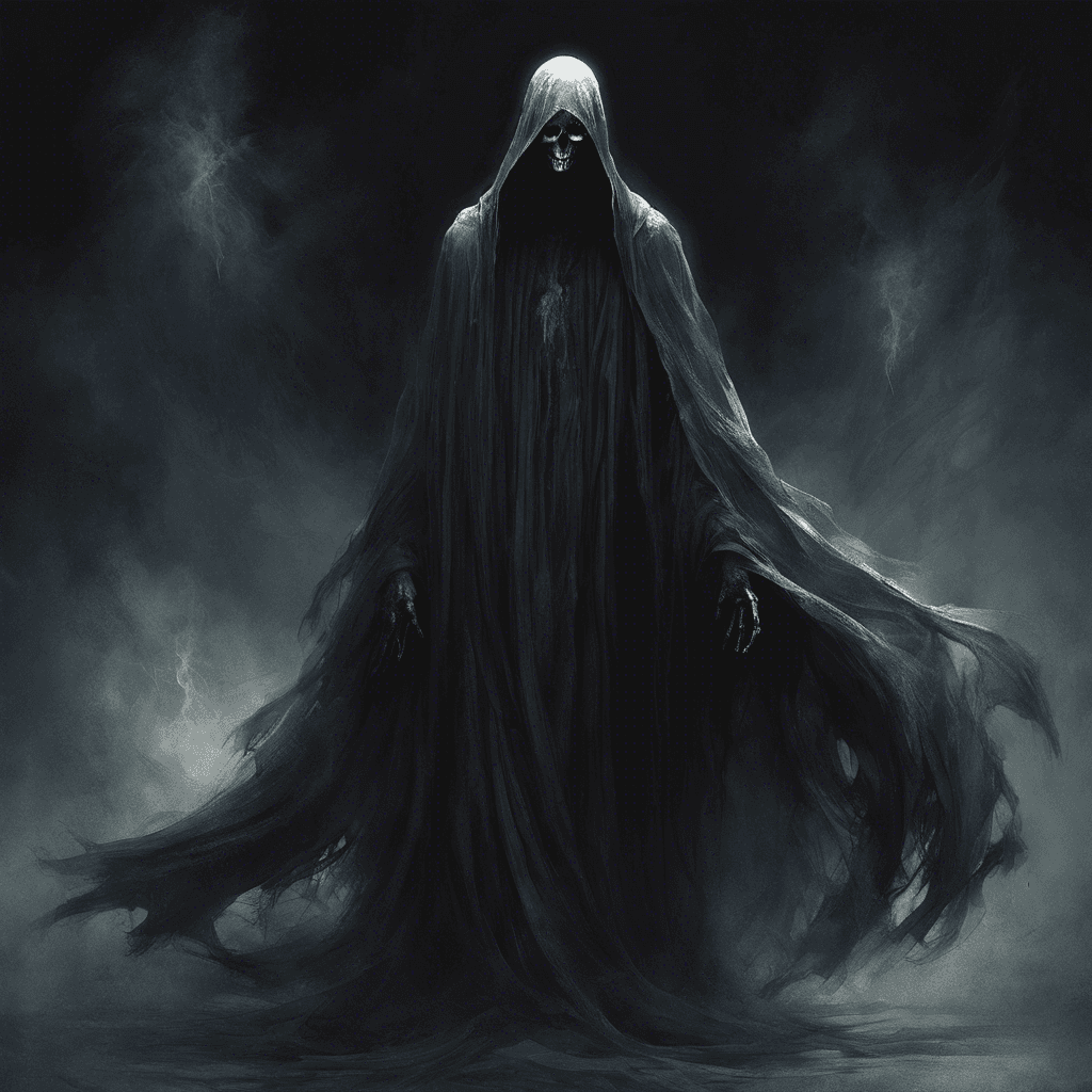 The Specter of Despair is a ghostly figure draped in tattered black robes, its eyes glowing with an otherworldly light. It emits a chilling aura of sorrow and hopelessness, freezing the hearts of those who dare to look into its gaze.