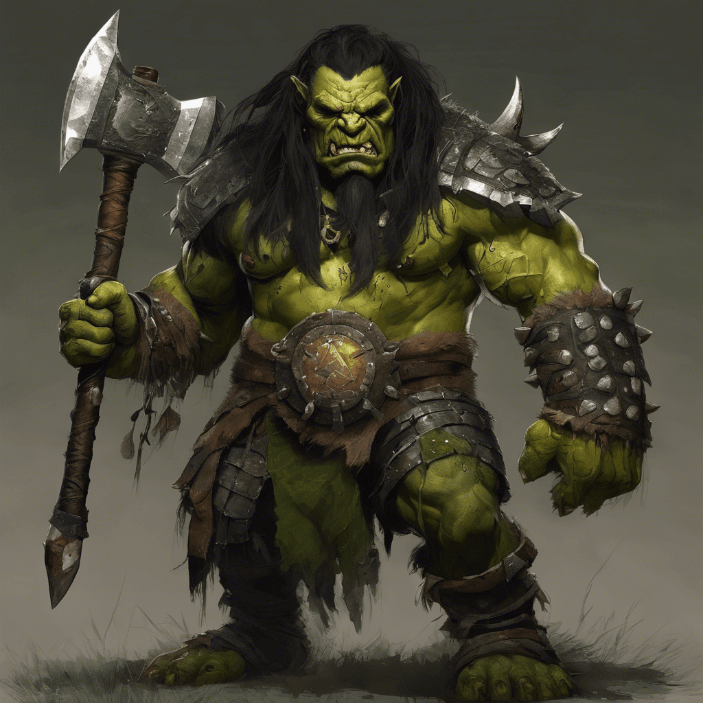 A hulking orc chieftain, with a thick mane of black hair and dark green skin covered in ritualistic scars. His face bears a brutal sneer and his eyes are a piercing yellow, emitting a malevolent gleam. Clad in a patchwork of animal hide armor that displays the trophies of his kills, he wields a large battle-axe with spikes, crusted in old blood.