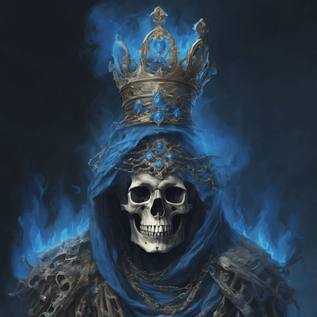 A spectral figure draped in tattered royal garb, crown still perched upon its skull-like head. Ethereal chains clank softly as it floats, eyes burning with a ghostly blue flame.