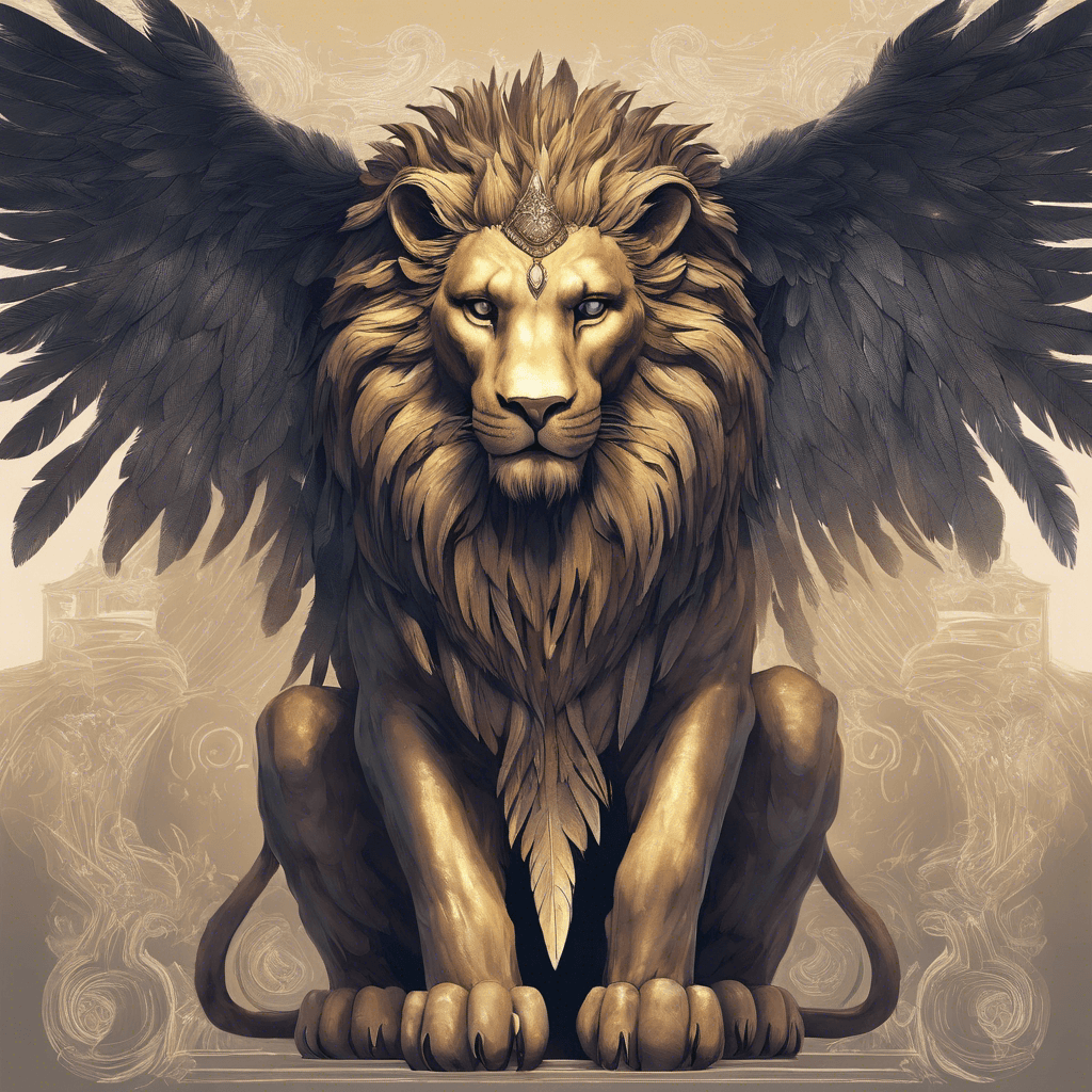 A colossal, winged lion with a regal human face, eyes gleaming with ancient wisdom, and feathers that shimmer between shadows and dim light, exuding an aura of mystique.